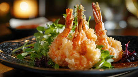 A side view of shrimp tempura served with fresh greens on a plate, set against a softly lit background.の素材