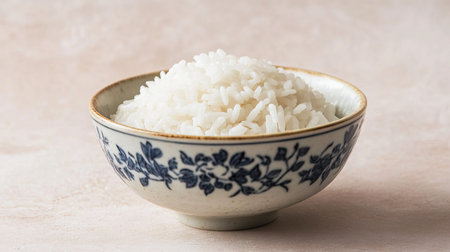 A simple, elegant bowl of white rice with a single grain resting on top, placed on a light, neutral background.の素材