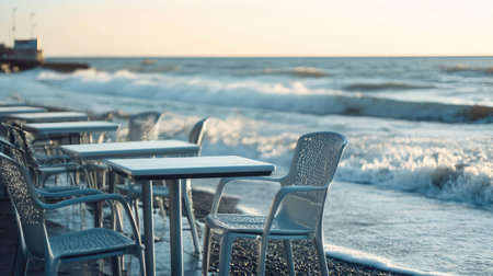 A stylish beach caf with sleek metal tables and chairs placed near the shoreline, with the waves rolling in.の素材
