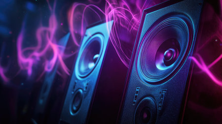 A stereo speaker in a nightclub setting with sound waves pulsing in sync with the music.の素材