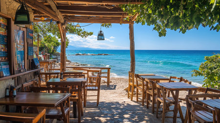 A charming beach caf with rustic wooden tables and chairs, offering breathtaking views of the ocean on a sunny day.の素材
