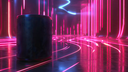 A sleek black speaker emitting glowing sound waves in a futuristic, neon-lit environment.の素材