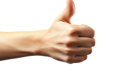 A simple and professional thumbs-up from an adult hand, isolated with precise detail on a white backdrop.の素材