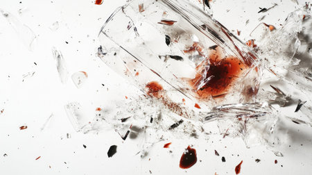 A broken wine glass with shards and wine stains scattered on a white background, creating a messy scene.の素材