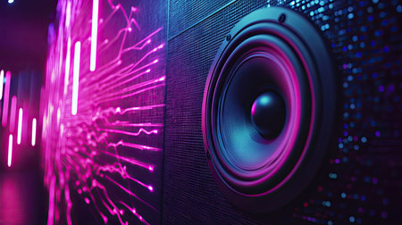 A stereo speaker in a nightclub setting with sound waves pulsing in sync with the music.の素材