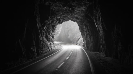 A solitary road inside a rocky tunnel, the light at the end casting long shadows across the path.の素材