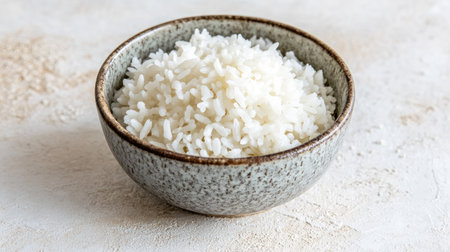A simple, elegant bowl of white rice with a single grain resting on top, placed on a light, neutral background.の素材