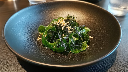 A small black plate of wakame seaweed salad, elegantly arranged with a light sesame dressing and toasted sesame seed garnish.の素材