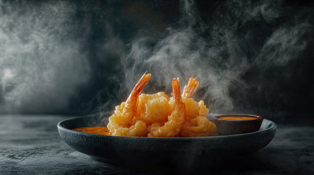 A steaming hot plate of shrimp tempura with a side of dipping sauce, placed on a textured dark background.の素材