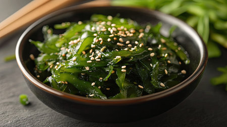 A stylish Japanese-inspired food scene featuring wakame seaweed salad with sesame seeds on a black dish with wooden chopsticks.の素材