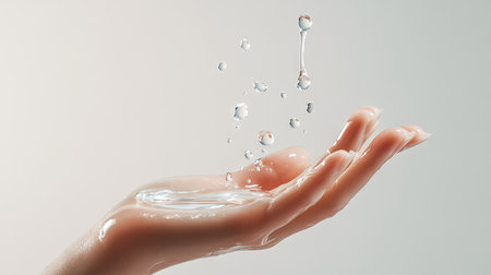 A dropper dispensing clear serum on a hand, with droplets captured mid-air in a fresh, dewy skincare setting.の素材