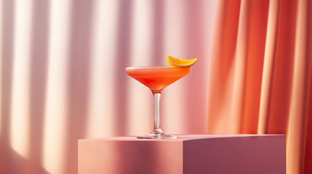 A dramatic close-up of a cocktail glass with a citrus garnish, set on a podium with an elegant backdrop.の素材