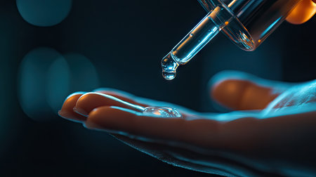 A dropper releasing clear serum onto a hand, with a subtle glow reflecting the serum's moisturizing properties.の素材