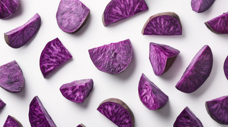 A vibrant composition of purple sweet yam pieces, whole and sliced, arranged creatively on a white background.の素材