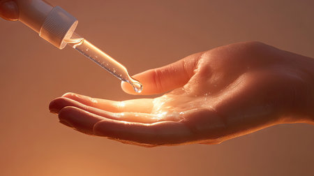 A dropper releasing clear serum onto a hand, with a subtle glow reflecting the serum's moisturizing properties.の素材