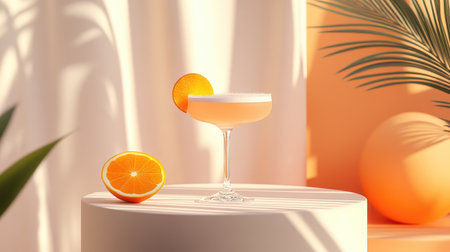 A dramatic close-up of a cocktail glass with a citrus garnish, set on a podium with an elegant backdrop.の素材