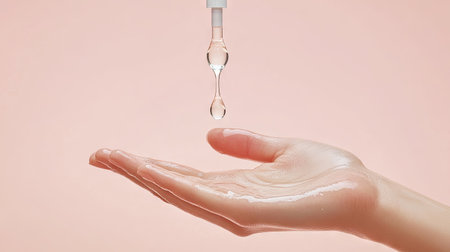A dropper releasing a drop of clear serum onto a smooth hand, showing the effectiveness of the skincare product.の素材