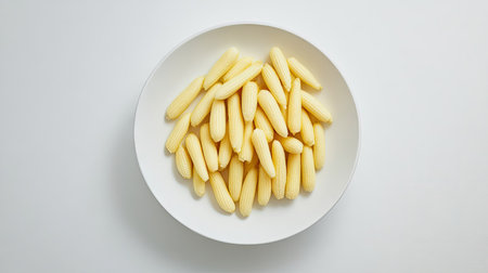A white ceramic plate filled with fresh baby corn neatly arranged, isolated on a white background.の素材