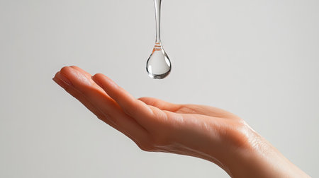 A drop of clear serum dripping from a dropper, captured in mid-air before landing softly on a hand.の素材