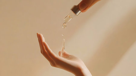 A drop of clear serum gently falling onto a hand, with the dropper hovering above in a soft, minimalist aesthetic.の素材