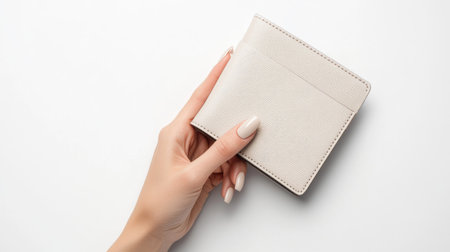A trendy female hand with carefully styled nails holding a designer wallet with clean, modern lines, isolated on white.の素材