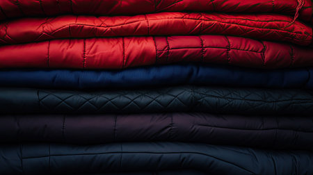 A display of stacked winter jackets in rich hues of red, navy, and black, showing their softness and warmth.の素材