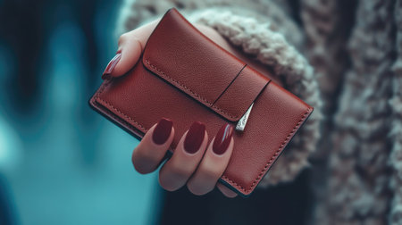 A woman's hand with classic nail polish holding a fashionable wallet, showcasing the wallet's stylish design.の素材