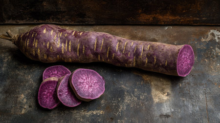 A whole purple sweet yam with a few cut slices leaning against it, showcasing its deep purple hue.の素材