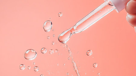 A dropper dispensing clear serum on a hand, with droplets captured mid-air in a fresh, dewy skincare setting.の素材
