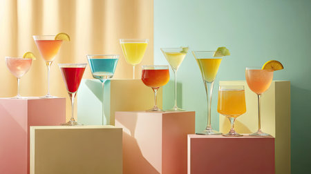 A variety of colorful alcoholic cocktails in glasses placed elegantly on podiums, showcasing the drinks in a luxurious setting.の素材