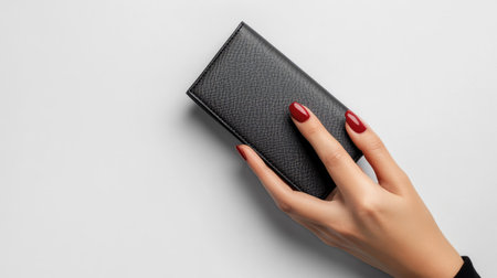 A trendy female hand with carefully styled nails holding a designer wallet with clean, modern lines, isolated on white.の素材