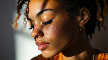 A woman with pimples on her cheeks and forehead, looking down thoughtfully, with natural light highlighting her features.の素材