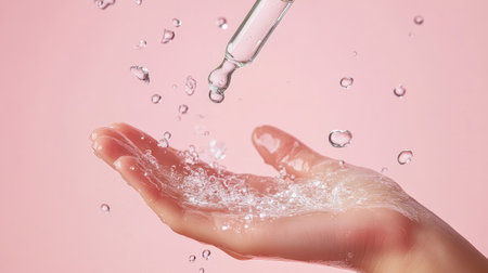 A dropper dispensing clear serum on a hand, with droplets captured mid-air in a fresh, dewy skincare setting.の素材