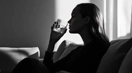 A woman enjoying water from a glass, sitting on a sofa in a minimalist living room.の素材