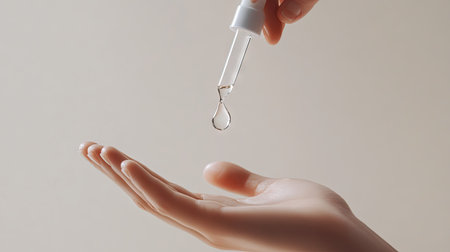 A drop of clear serum gently falling onto a hand, with the dropper hovering above in a soft, minimalist aesthetic.の素材