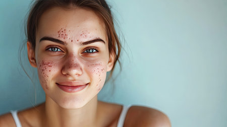 A woman with visible acne on her forehead and cheeks, sitting casually and smiling softly.の素材