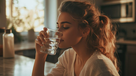 A woman in a cozy kitchen setting drinking water from a glass with a relaxed expression.の素材