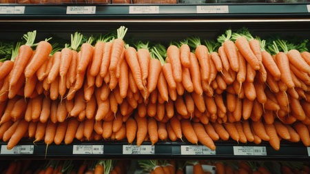 A wide shot of the vegetable aisle at a supermarket, with organic orange carrots prominently displayed on the shelf.の素材