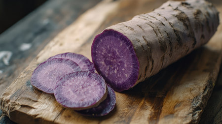 Freshly sliced purple sweet yam with a whole piece beside it, placed on a natural wooden board.の素材
