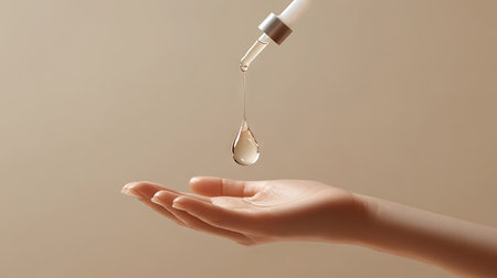 A drop of clear serum gently falling onto a hand, with the dropper hovering above in a soft, minimalist aesthetic.の素材