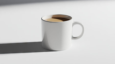A white mug filled with coffee sitting alone on a white background, with subtle shadows adding dimension to the scene.の素材