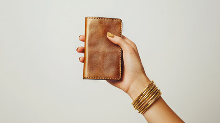 A woman's hand with gold bangles holding a chic wallet, isolated on a neutral white background.の素材