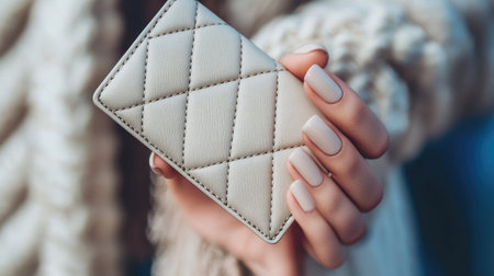 A woman's hand with classic nail polish holding a fashionable wallet, showcasing the wallet's stylish design.の素材