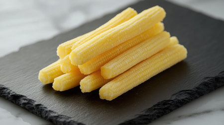 Fresh baby corn stacked on a black slate plate, highlighting its vibrant yellow color.の素材