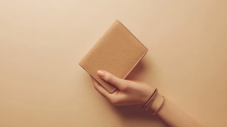 A woman's hand with a minimalist bracelet, delicately holding a modern wallet, isolated on a light-colored surface.の素材