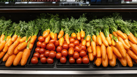 Organic orange carrots laid out neatly on a clean surface at the supermarket, ready for customers to pick up.の素材