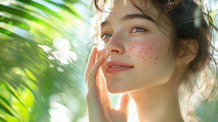 A woman touching her cheek gently, with visible pimples on her face, captured in a well-lit natural setting.の素材