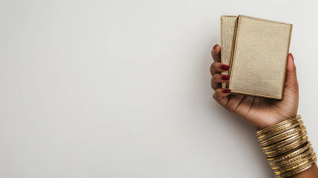 A woman's hand with gold bangles holding a chic wallet, isolated on a neutral white background.の素材