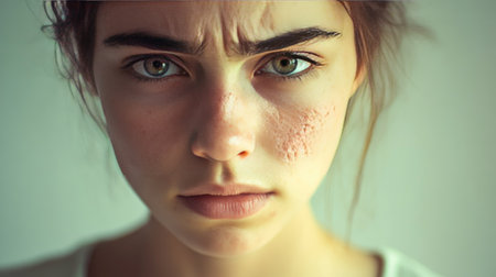 A woman looking directly into the camera, showcasing her face with visible pimples, isolated on a neutral background.の素材