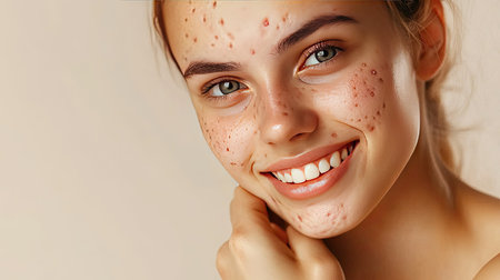 A woman in her late teens with pimples on her face, smiling confidently with no makeup, isolated on a white background.の素材